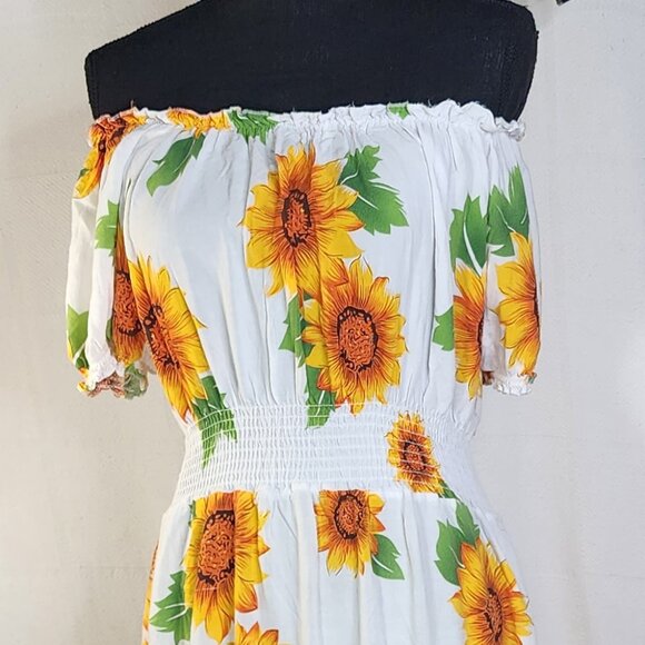 Ace White Yellow Orange Green Sunflowers Smocked Waist Drop Shoulder Maxi Sz 1X - Picture 11 of 16